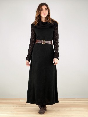 Toonzshop Nouchka Crochet Sleeves And Big Collar Long Sweater Dress Kleid Damen Schwarz | 8269ZUVNQ