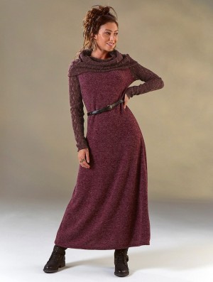 Toonzshop Nouchka Crochet Sleeves And Big Collar Long Sweater Dress Kleid Damen Wine | 4106PUYZW