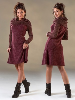 Toonzshop Nouchka Crochet Sleeves And Big Collar Skater Sweater Dress Kleid Damen Wine | 0467BROLQ