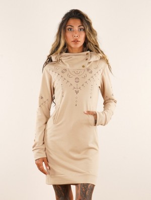 Toonzshop Numendil Ornemental Dots Printed High Collar Hoodie Dress Kleid Damen Beige | 6740FHWZM