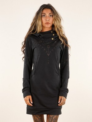 Toonzshop Numendil Ornemental Dots Printed High Collar Hoodie Dress Kleid Damen Schwarz | 3940YZXFB
