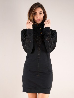 Toonzshop Numendil Zohraa Printed High Collar Hoodie Dress Kleid Damen Schwarz | 4317TXHAP