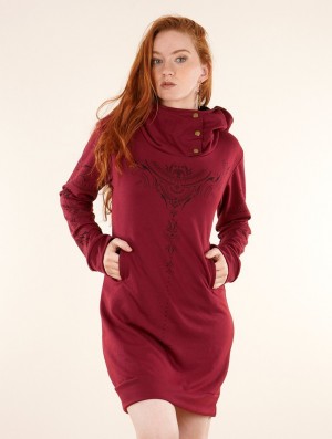 Toonzshop Numendil Zohraa Printed High Collar Hoodie Dress Kleid Damen Wine | 8612PHGUB