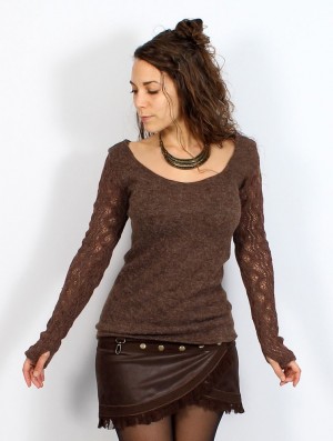 Toonzshop Oroshï Crochet Sleeve Sweater Pullover Damen Braun | 3526JHDTY