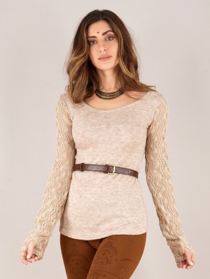 Toonzshop Oroshï Crochet Sleeve Sweater Pullover Damen Beige | 0457MYNCR