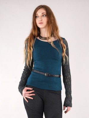 Toonzshop Oroshï Crochet Sleeve Sweater Pullover Damen Blau | 0169FJUHP