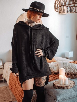 Toonzshop Rashmi Oversized Long Hooded Jumper Pullover Damen Schwarz | 8615IZVHG