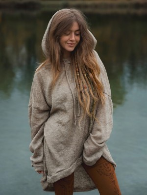 Toonzshop Rashmi Oversized Long Hooded Jumper Pullover Damen Beige | 7419INRJY