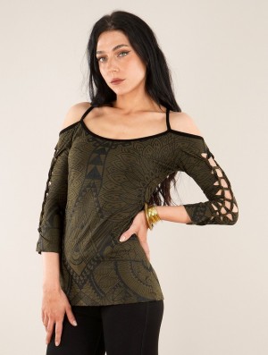 Toonzshop Sedna Africa Cut Out Braided Back And 3/4 Sleeve Printed Top BHs Damen Grün | 8492NMPGU