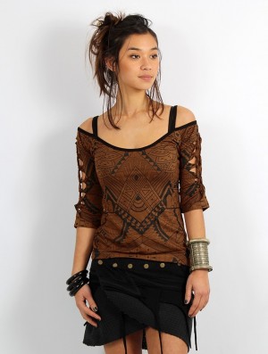 Toonzshop Sedna Africa Cut Out Braided Back And 3/4 Sleeve Printed Top BHs Damen Braun | 0538UJIEN
