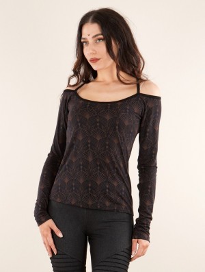 Toonzshop Sedna Peafowl Long Sleeved Printed Top Oberteile Damen Schwarz | 5463SFNKU
