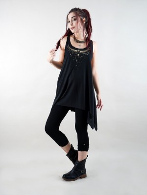 Toonzshop Sitaara Printed Knotted Sleeveless Tunic Oberteile Damen Schwarz Gold | 1753ZVRMT