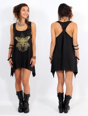 Toonzshop Sunstra Sphynx Printed Knotted Sleeveless Tunic Oberteile Damen Schwarz Gold | 4610SFZOJ