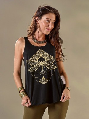 Toonzshop Waia Dragonfly Printed Tank Top Tanktop Damen Schwarz Gold | 9502YBVZF