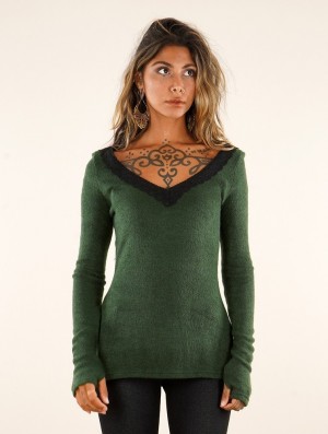 Toonzshop Ysälys Reversible Crochet-neck Sweater Pullover Damen Grün | 5214LRPOF